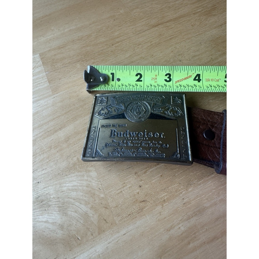 Vintage Budweiser Brass Belt Buckle Brown Leather Belt Size 34 Mens Western - Picture 5 of 7